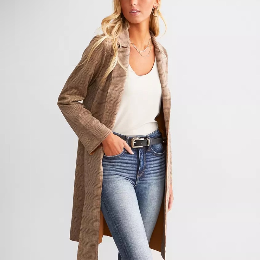 Buckle Plaid Trench Flyaway Jacket